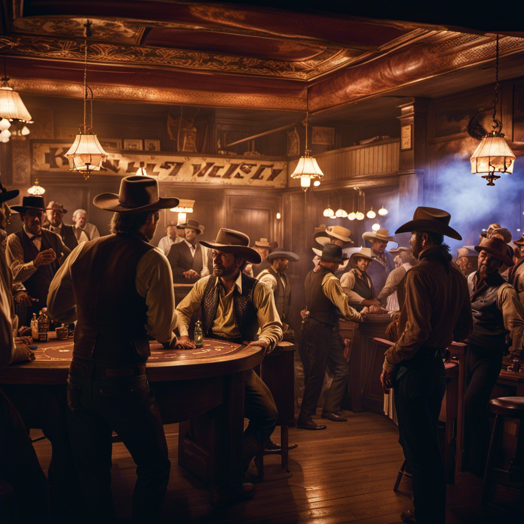An image of a dusty saloon, its swinging doors slightly ajar, revealing a lively poker game inside