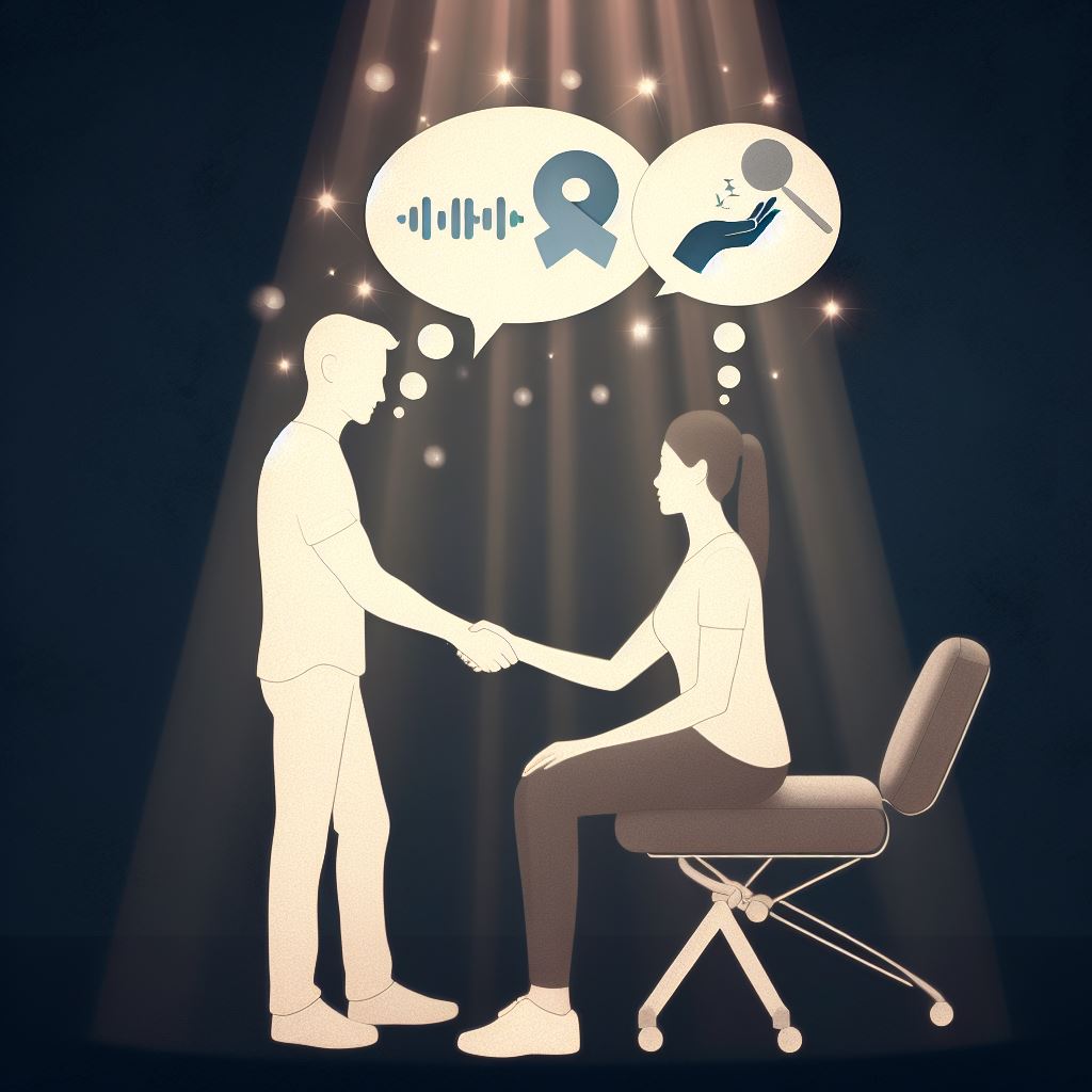 A person talking with massage therapist at intake. Thought bubbles above both heads highlight effective communication. Bright spotlight on handshake, soft fill light.