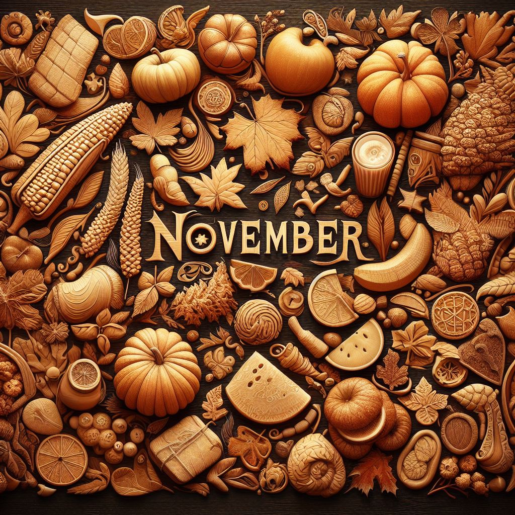 A collection of autumn leaves, foods, and objects carved with "November"