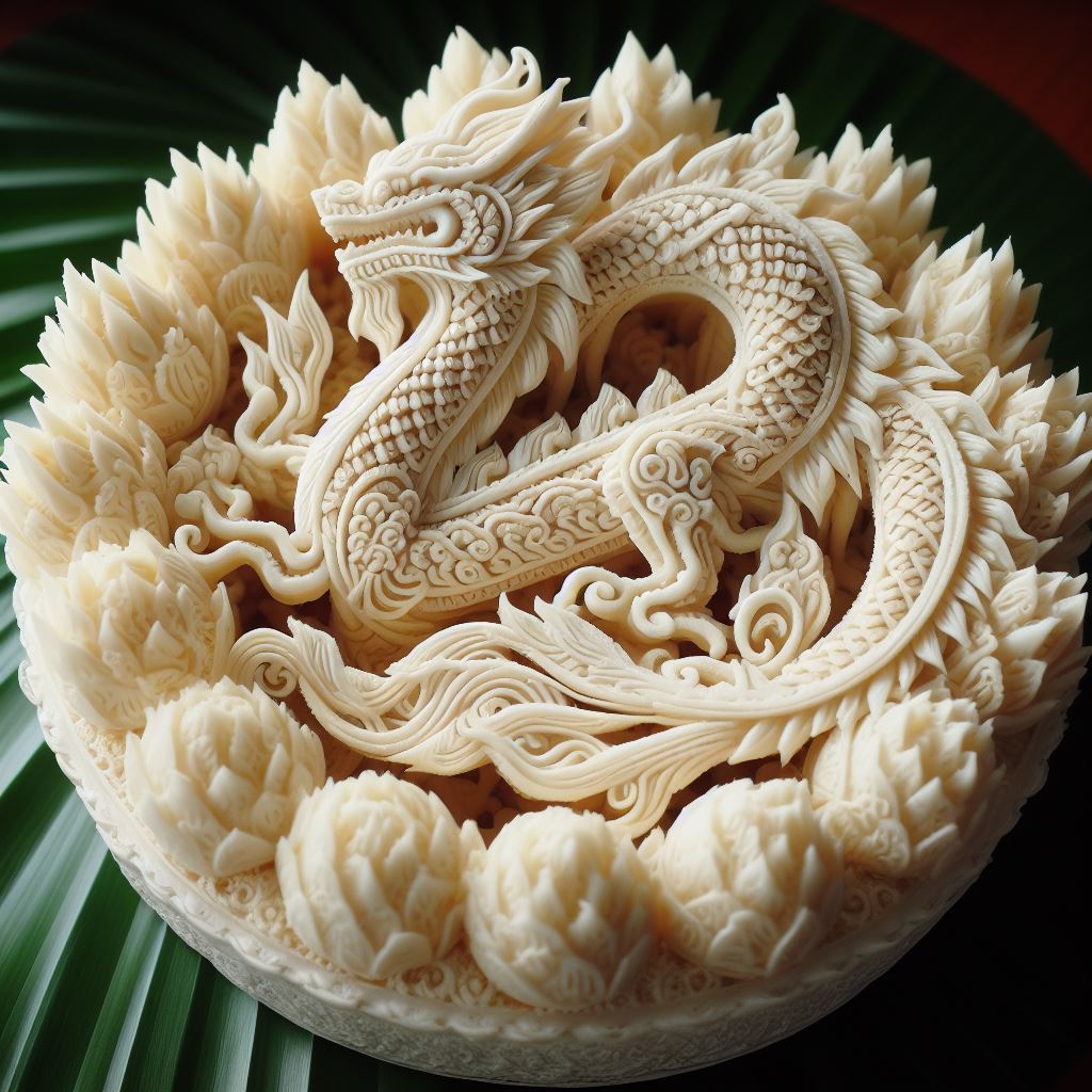 Intricate rice flour artwork decorating a traditional Asian dessert, dragon motifs, festive

