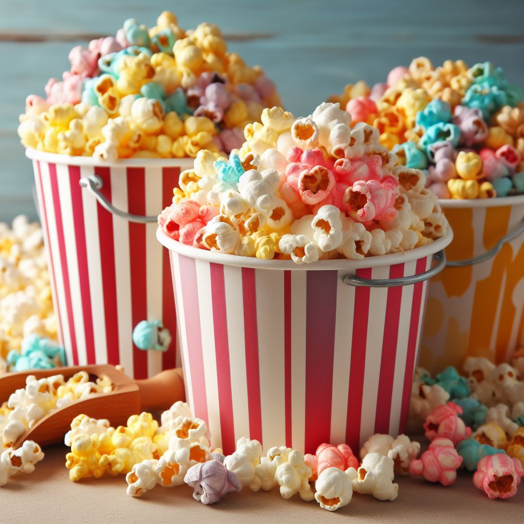 Popcorn buckets spilling over with colorful assortment of flavored popcorn

