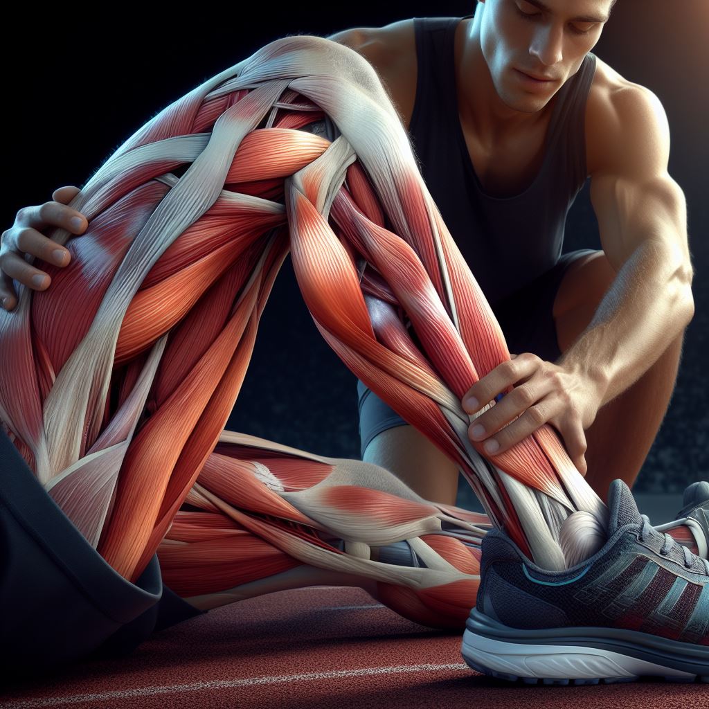 An athlete getting sports massage on leg muscles before competing in a race. Detailed anatomy cutaway of tissues and muscles being released.